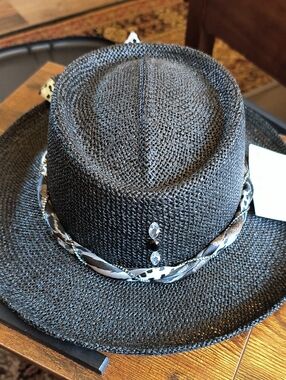 Black Straw Fedora Hat with Decorative Band